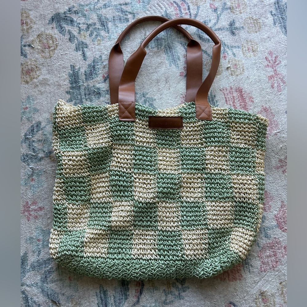 Rusty Green and Cream Checkered Tote Bag